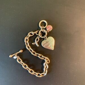 Premier Silver-Tone Breast Cancer/Courage Heart Charm Bracelet with Pink Accent